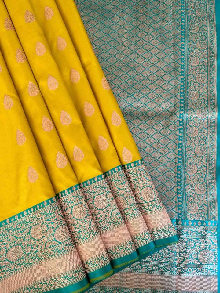 Katan Banarasi Pure Silk Saree | Handloom Yellow Saree with Sea Green border