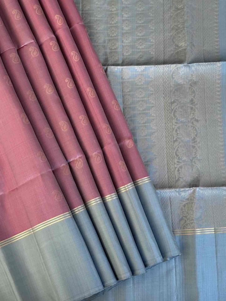 Pure Soft Silk Sarees | Handloom Dual tone Pink Saree with Plain Grey border