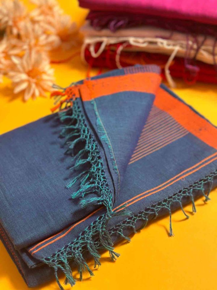 Khadi Handloom Pure Cotton Sarees | Plain Teal saree with orange border
