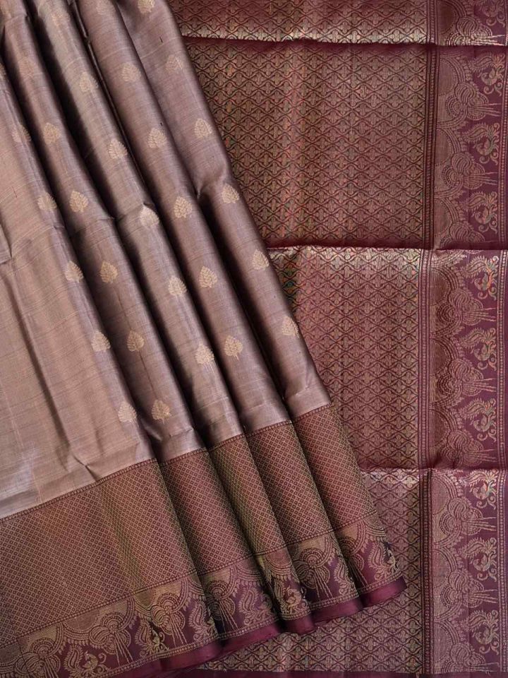 Pure Soft Silk Sarees | Handloom Taupe Saree with Dark Maroon border