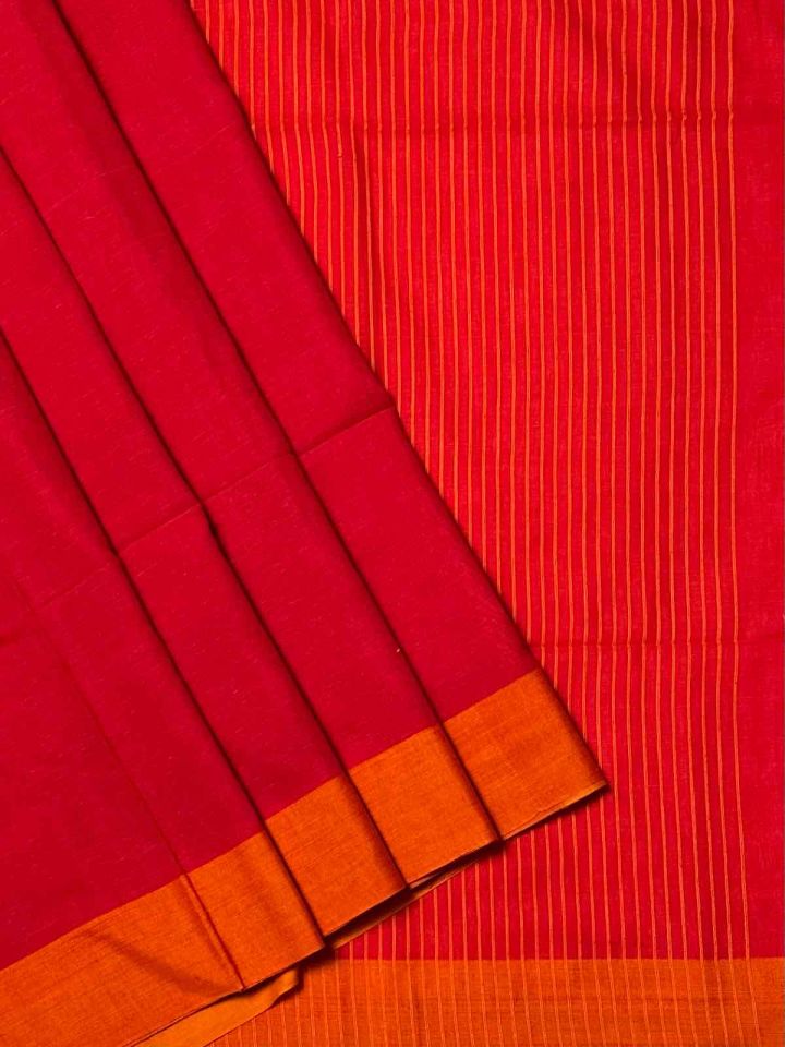 Plain Khadi Handloom Pure Cotton Sarees | Red saree with orange border