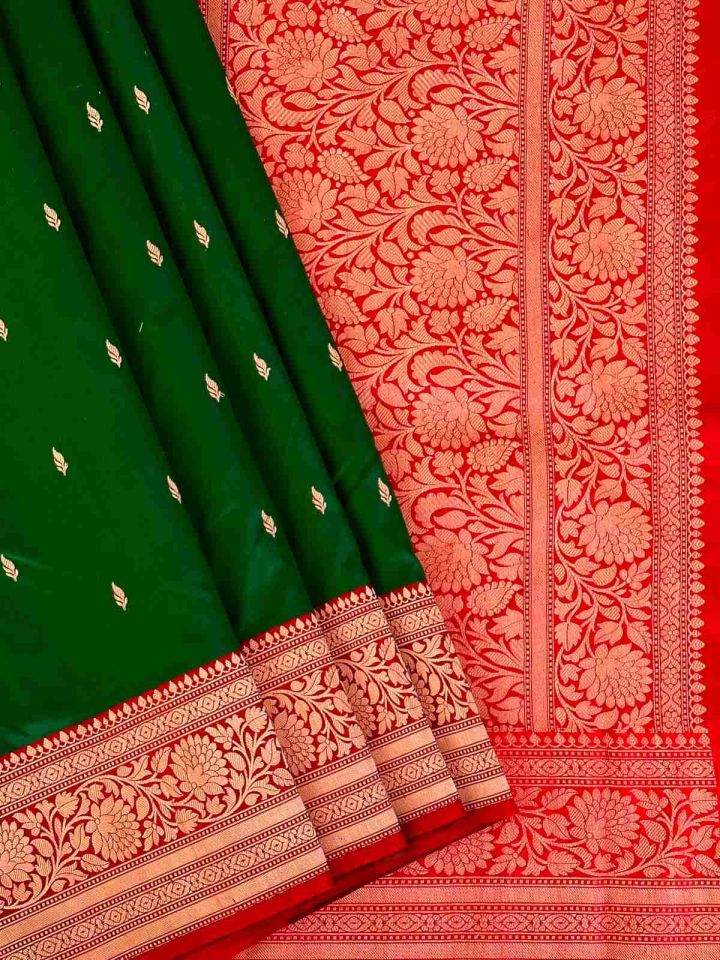 Pure Katan Silk Banarasi Sarees | Handloom Dark Green Saree with red border