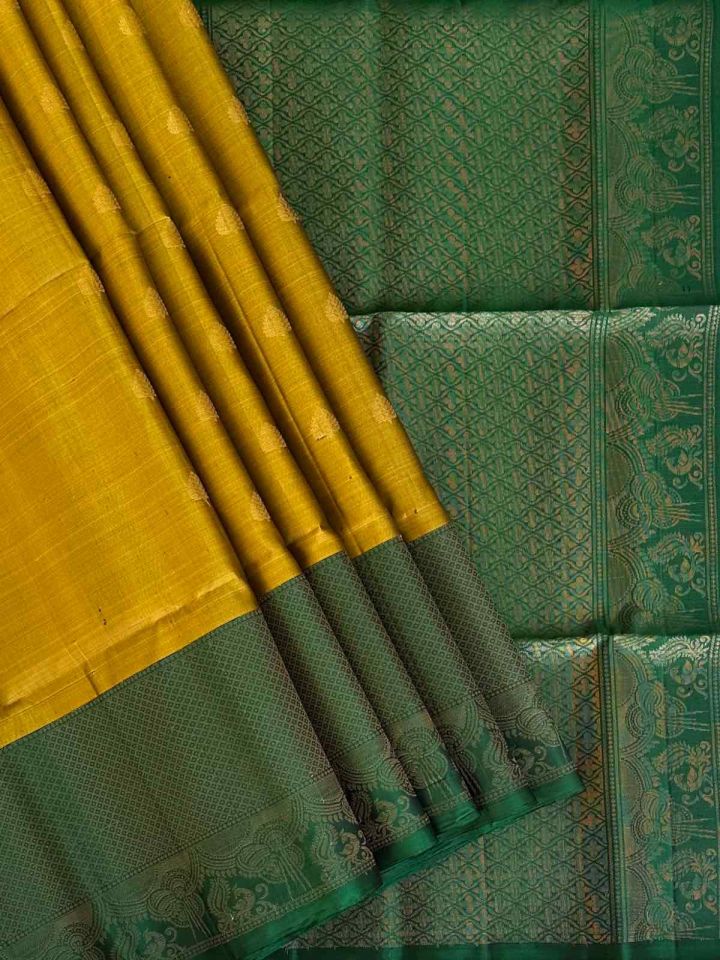 Pure Soft Silk Sarees | Handloom Yellow Saree with Dark Green border
