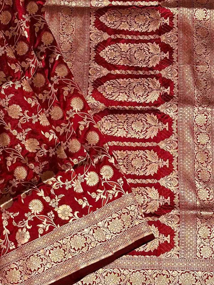 Pure Katan Banarasi Silk Saree | Maroon with Gold colour Zari | Jangla Brocade Design Cutwork Weaving Handloom Sarees 