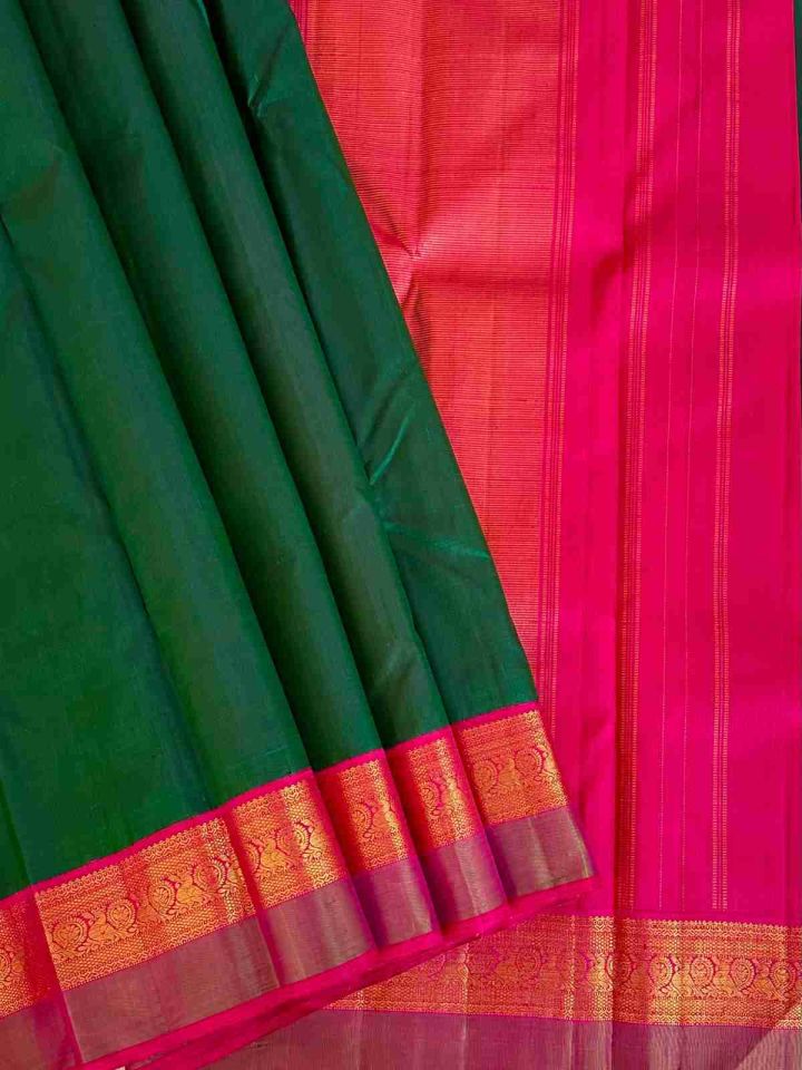 Kanchipuram Pure Silk Sarees | 2g Zari Korvai Handloom Plain Dark Green Saree with Pink Border